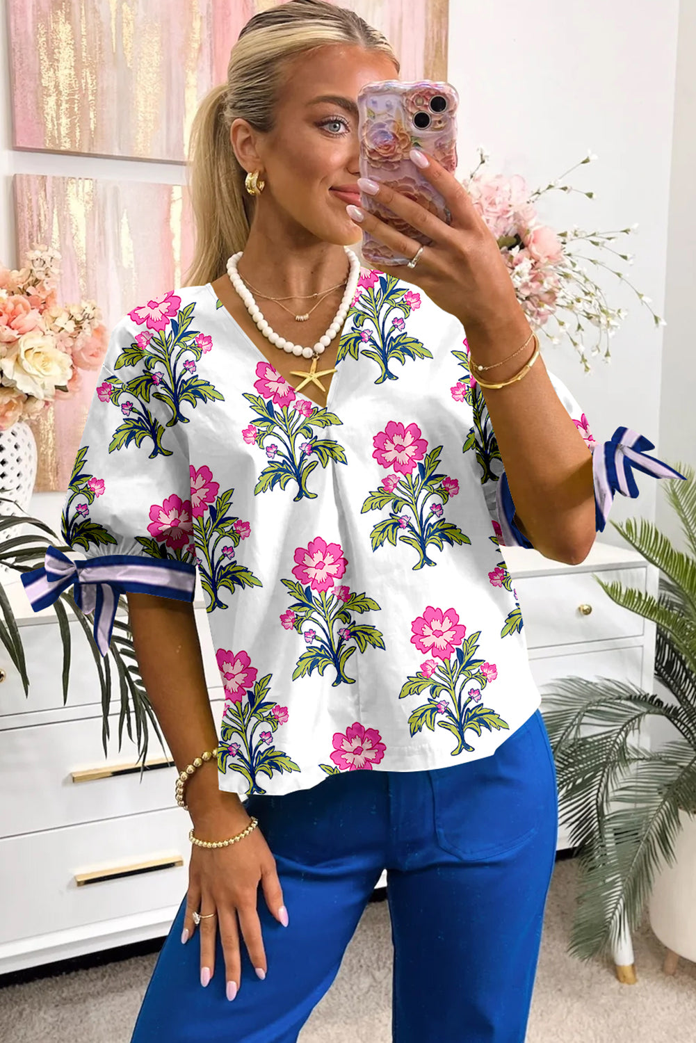 White Floral Colorblock Stripe Knot Bubble Sleeve V Neck Blouse