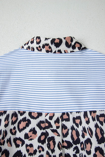 Sky Blue Stripe Colorblock Leopard Patchwork Chest Pocket Cuffed Sleeve Shirt