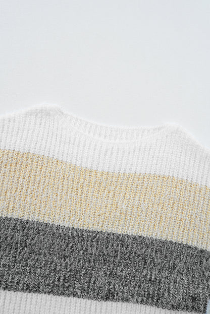 Gray Stripe Colorblock Bubble Sleeve Drop Shoulder Sweater Dress