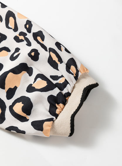 Khaki Leopard Print Contrast Scalloped V Neck Long Sleeve Blouse