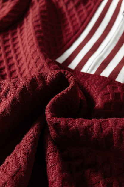 Racing Red Rhombus Textured Striped Patchwork Zip Neck Pullover Sweatshirt