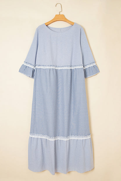 Sky Blue Stripe Crisscross Lace Detail Mixed Striped Patchwork Plus Size Shift Long Dress
