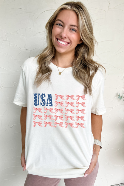 White USA Flag Bow Knot Print Round Neck T Shirt