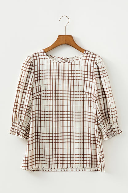 White Plaid Print Frilled Puffy Half Sleeve Blouse