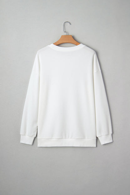 White Merry Tinsel Letter Embroidery Ribbed Drop Shoulder Sweatshirt