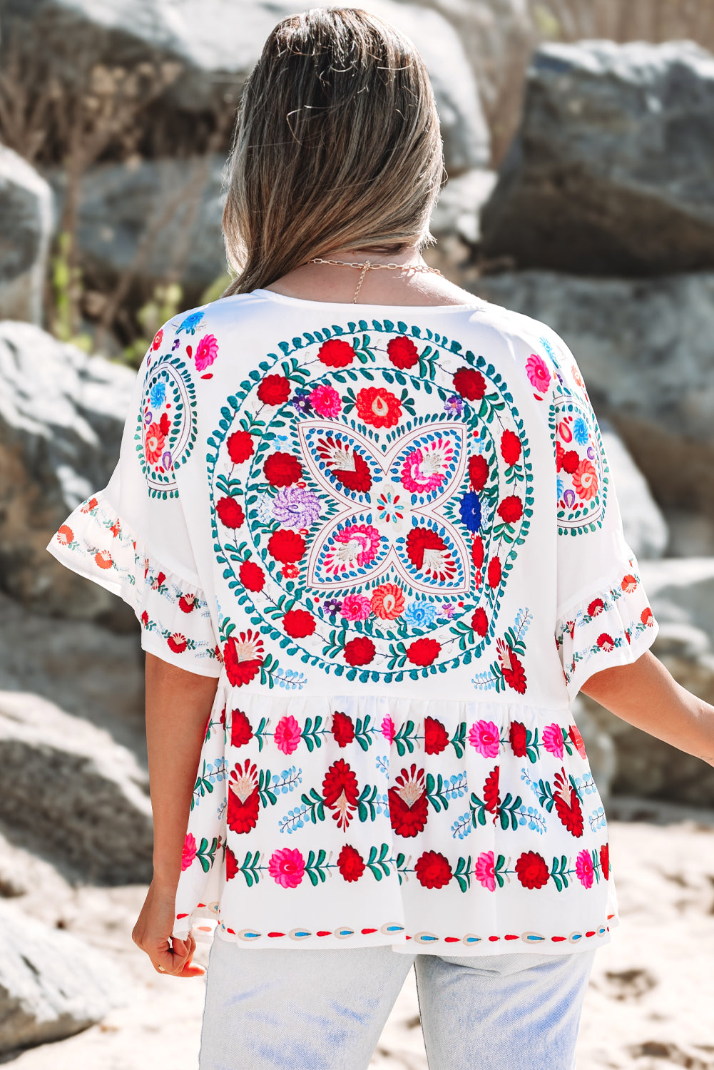White Boho Floral Print Round Neck Ruffle Trim Blouse