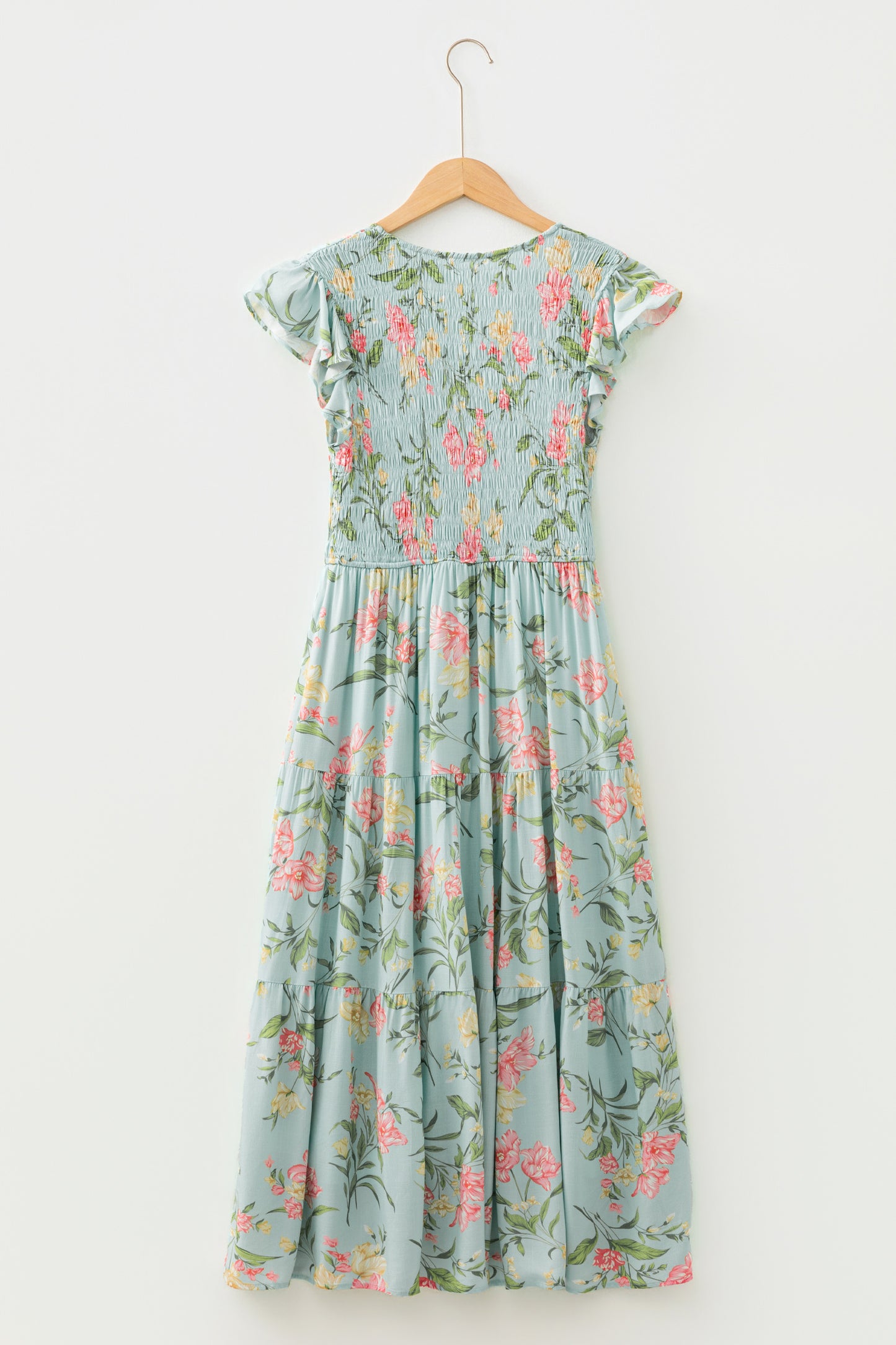 Yellow Smocked Bodice Ruffled Sleeveless Tiered Floral Maxi Dress