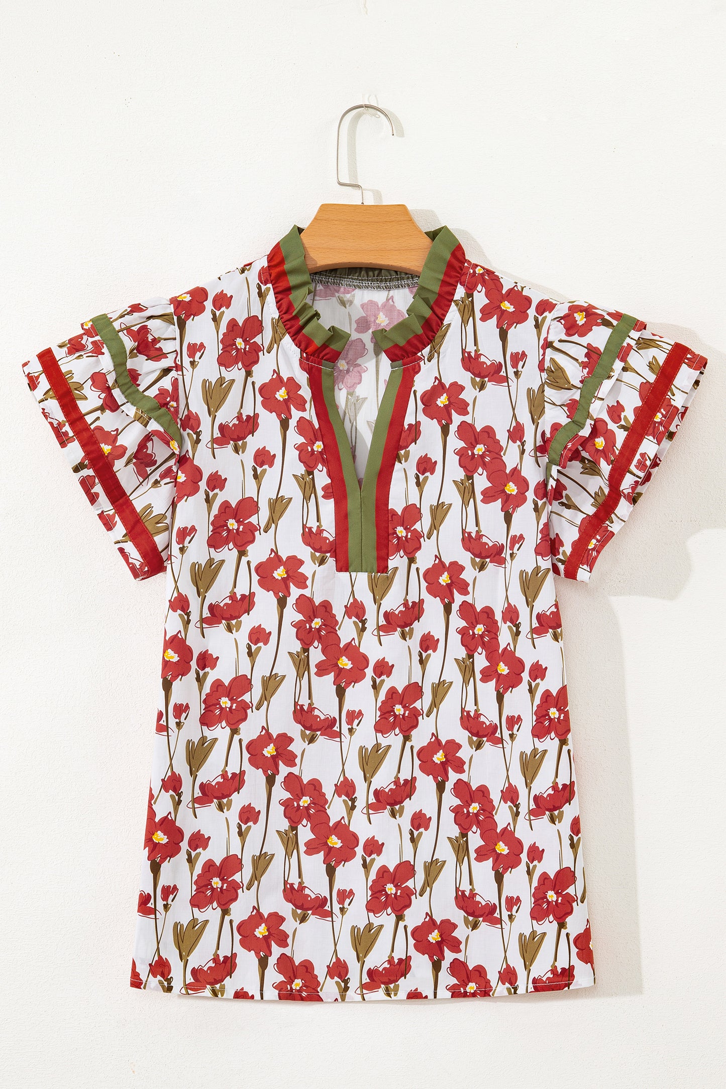 Red Floral Print Contrast Trim V Neck Double Ruffled Short Sleeve Blouse