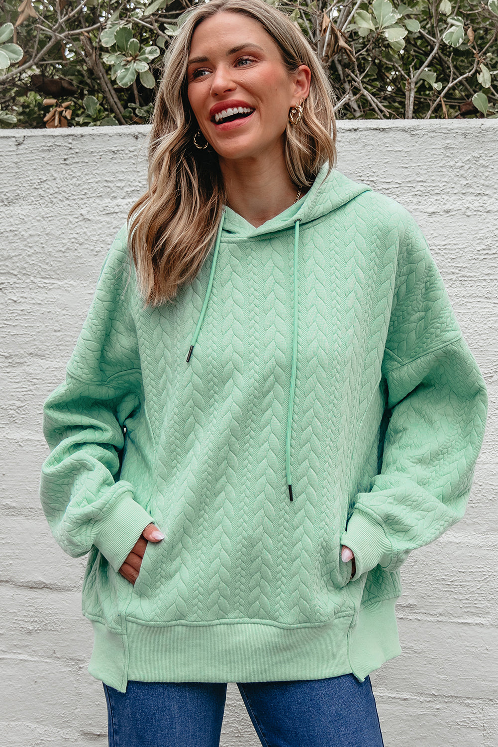 Moonlight Jade Cable Textured Baggy Solid Hoodie