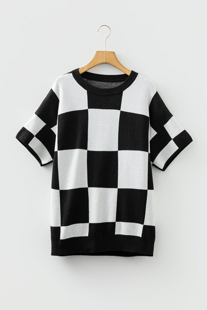 Black Checkered Pattern Loose Drop Shoulder Half Sleeve Sweater