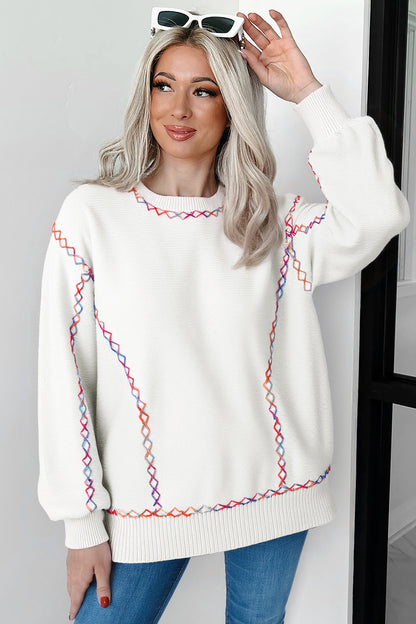 White Rainbow Stitching Balloon Sleeve Relaxed Sweater