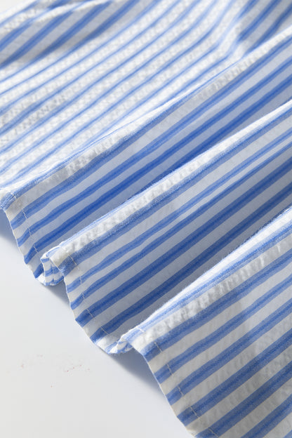 Brown Stripe Ricrac Trim Short Puff Sleeve Leopard Patchwork Collar V Neck Blouse