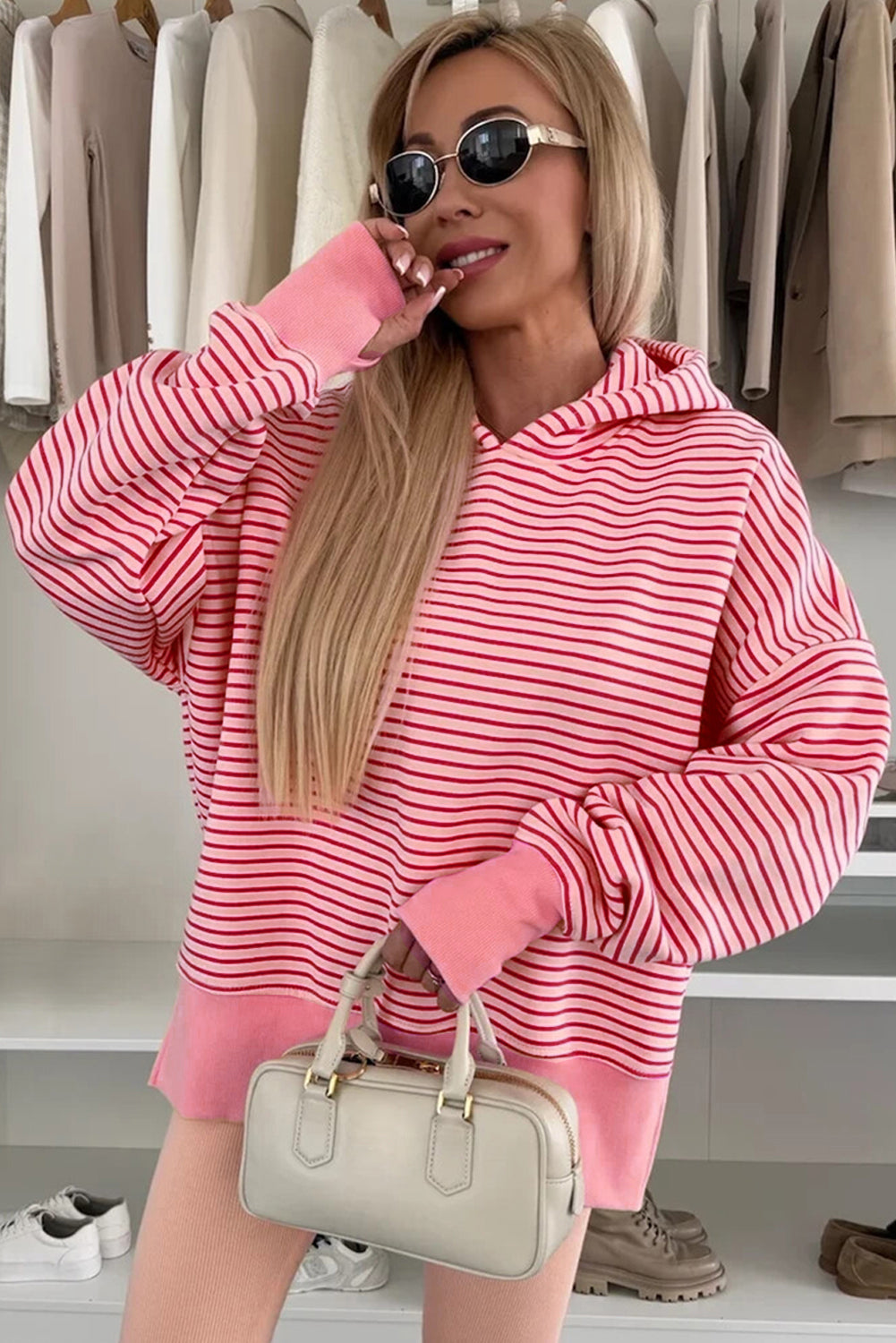 Rose Stripe Thumbhole Side Slits Drop Shoulder Loose Fit Hoodie