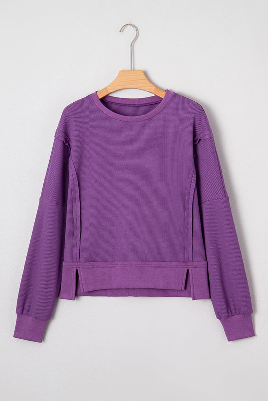 Orchid Mist Solid Color Raw Seam Patchwork Ribbed Drop Shoulder Sweatshirt
