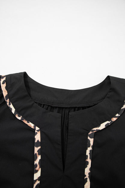 Black Plus Size Split Neck Leopard Trim Flounced Long Sleeve Blouse