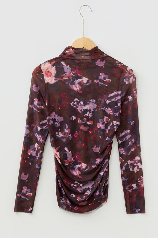 Brown High Neck Ruched Floral Mesh Top