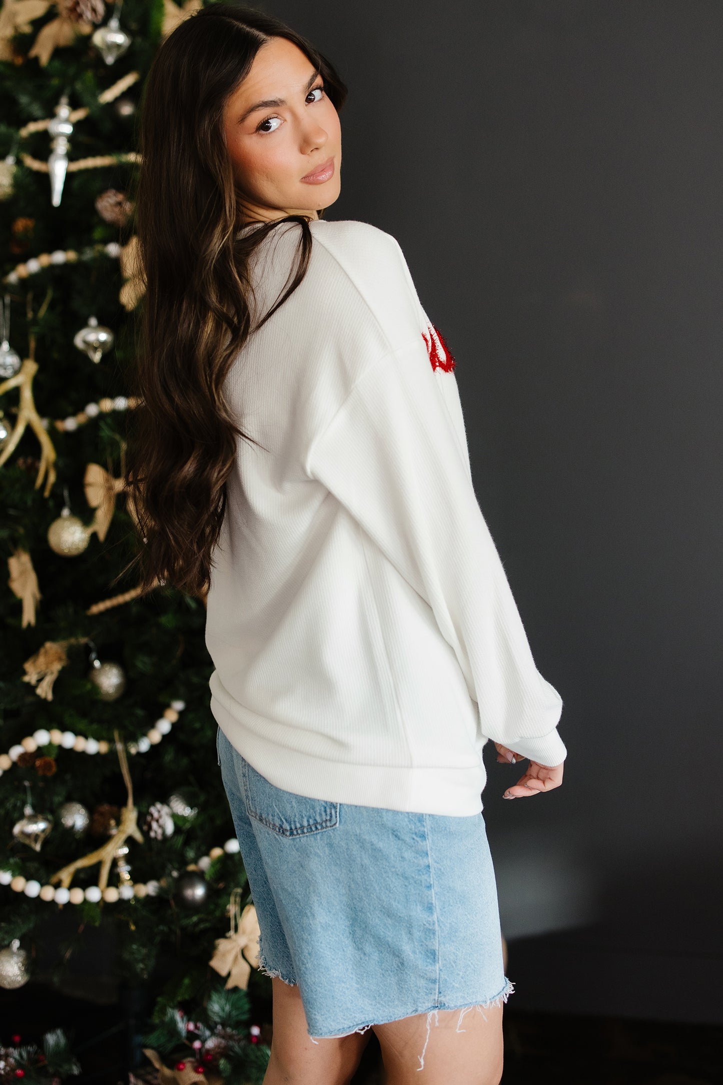 White Merry Tinsel Letter Embroidery Ribbed Drop Shoulder Sweatshirt