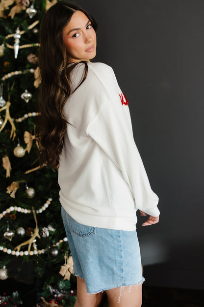 White Merry Tinsel Letter Embroidery Ribbed Drop Shoulder Sweatshirt