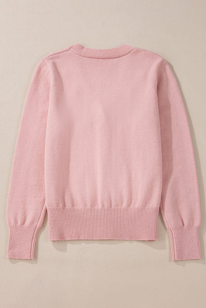 Sepia Rose Textured Knit Pearl Beaded Button Up Cardigan