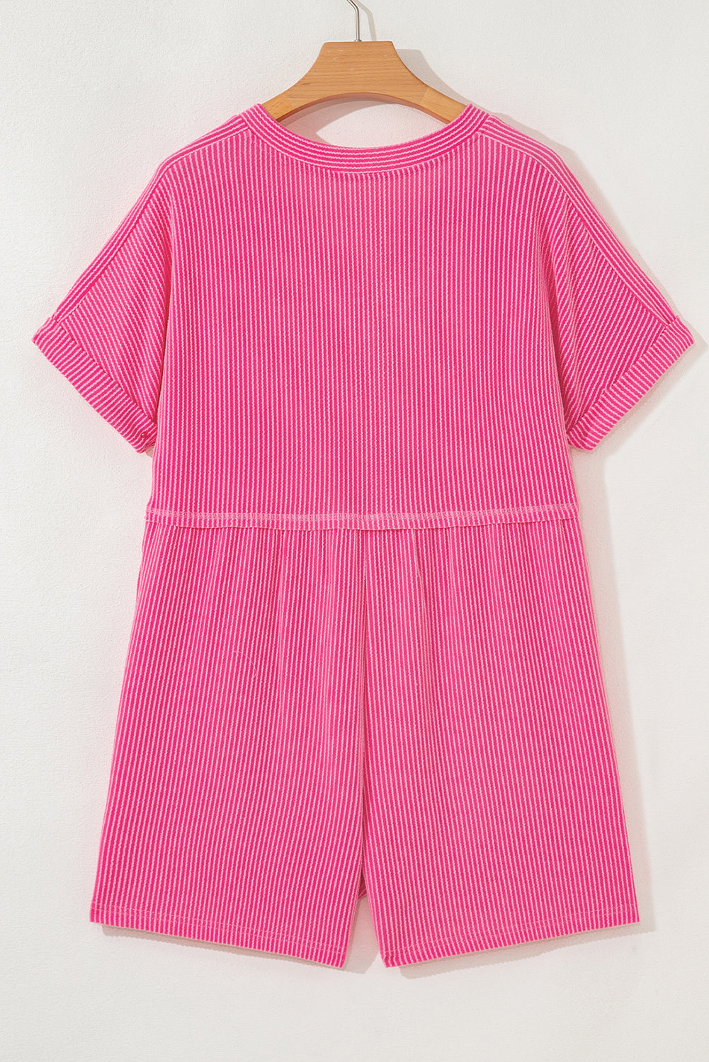 Bright Pink Spiral Ribbed Short Sleeve V Neck Buttoned Romper with Pocket