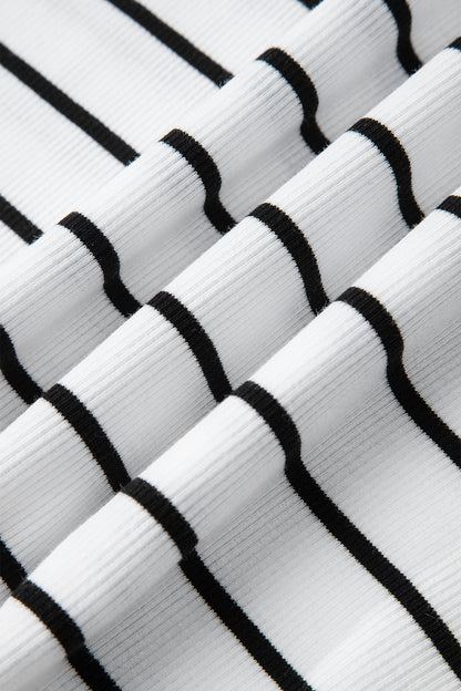 White Stripe Stand Collar V Neck Elastic Cuffs Half Sleeve Dolman Top