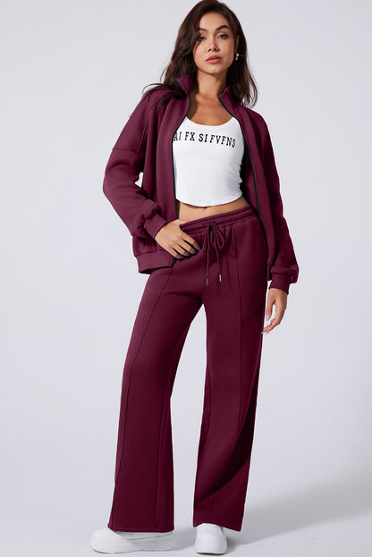 Burgundy Drop Shoulder Zip Up Jacket Drawstring Pants Active 2pcs Set