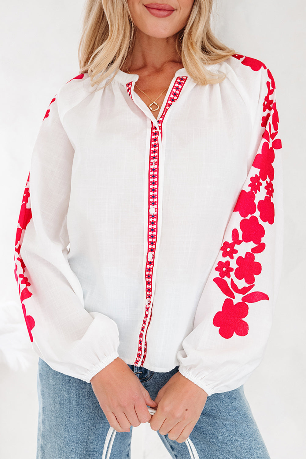 White Floral Embroidered Puff Long Sleeve Casual Shirt