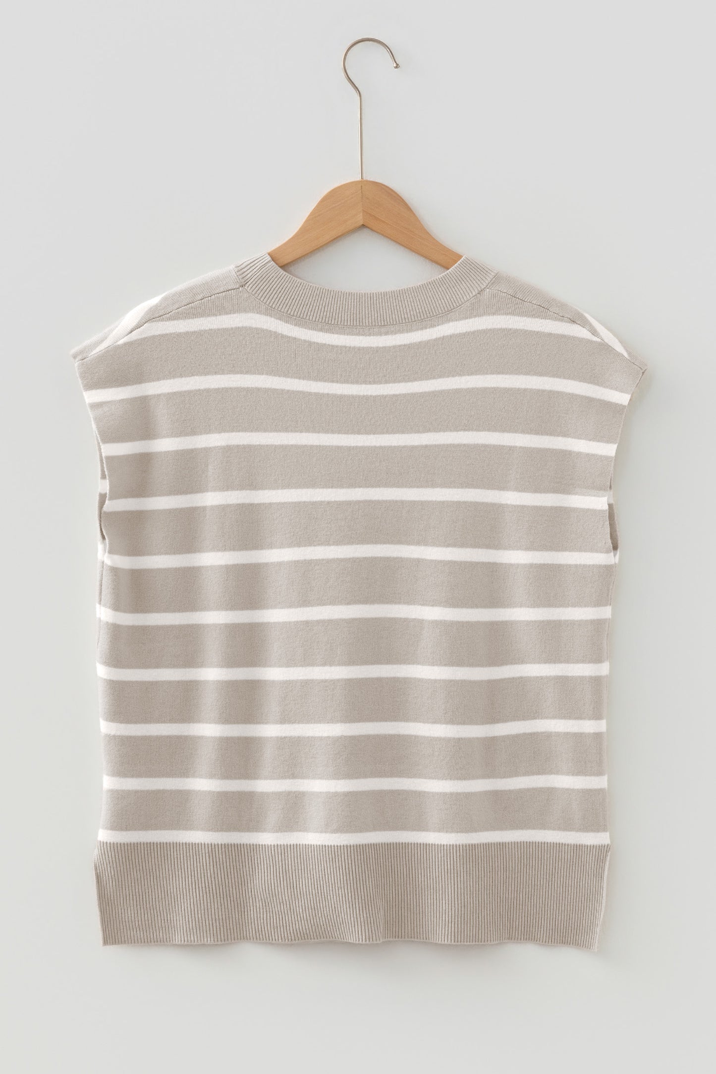 Brown Stripe Side Slits Crewneck Short Sleeve Sweater Tee