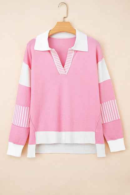 Sky Blue Stripe Contrasting Polo Collar Color Block Knit Drop Shoulder Sweater