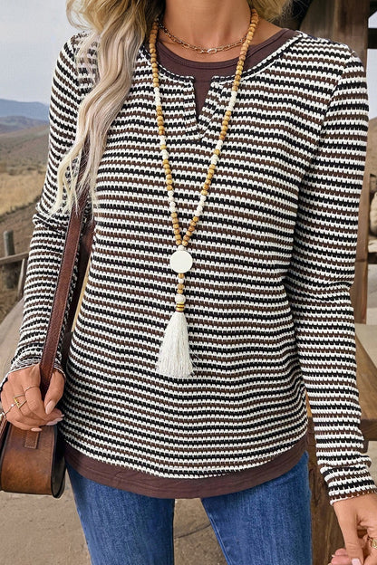 Brown Faux Two Piece Textured Striped Round Neck Long Sleeve T Shirt