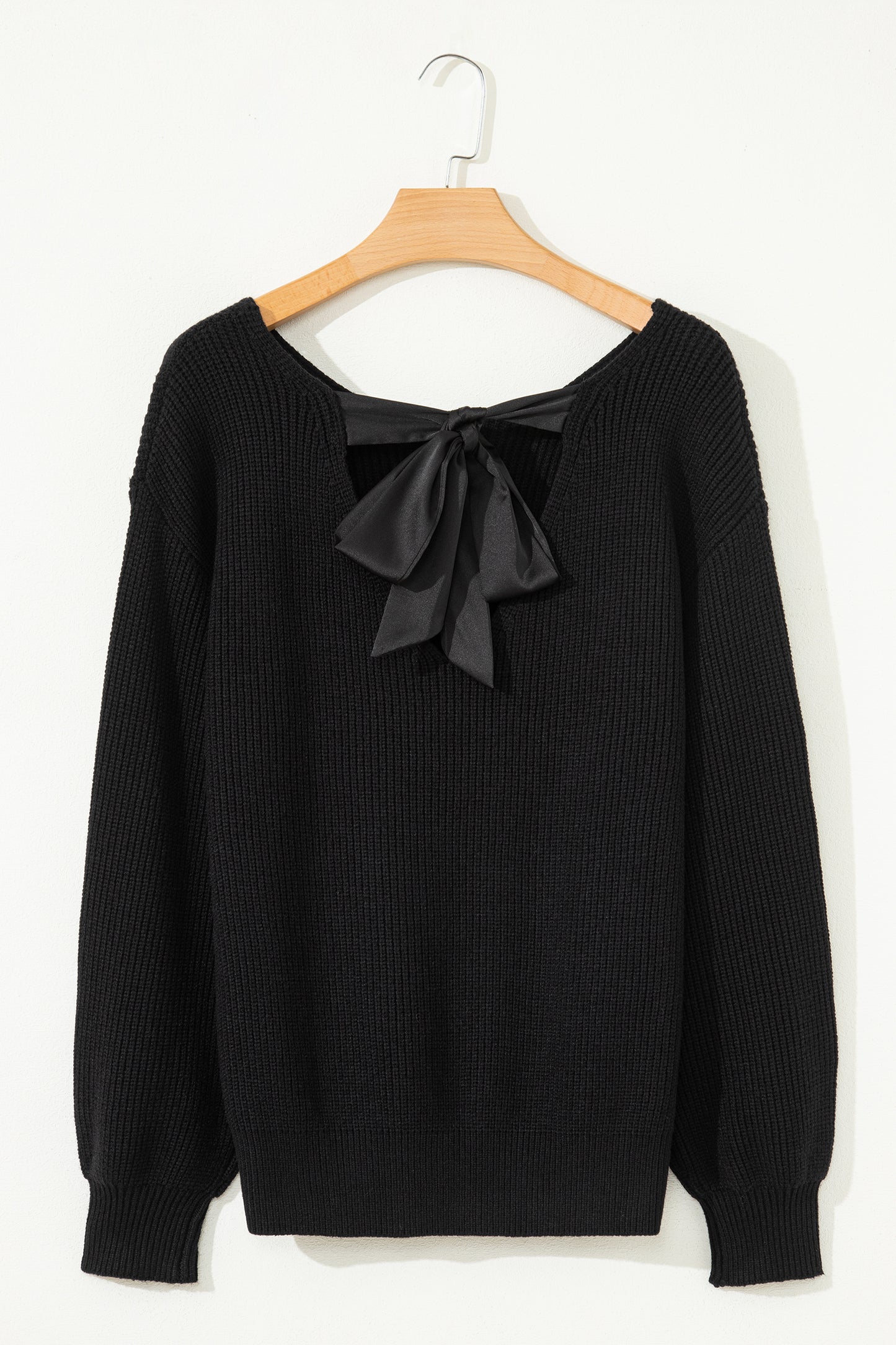 Black Ribbed Knit Ribbon Knot Backless Drop Shoulder Sweater