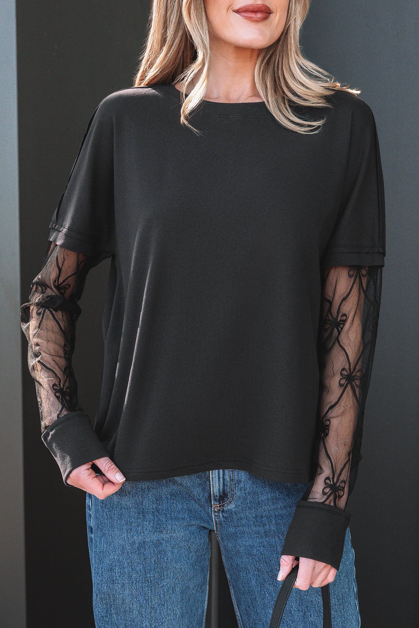 Black Solid Color Bow Textured Patchwork Long Sleeve Tee