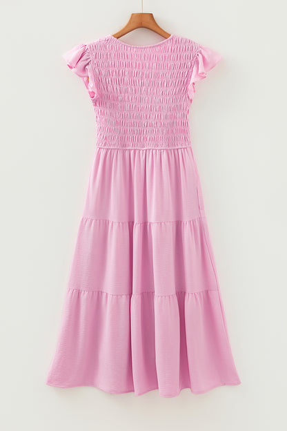 Pink Smocked Bodice Flutter Sleeve Fit Flare Tiered Midi Dress