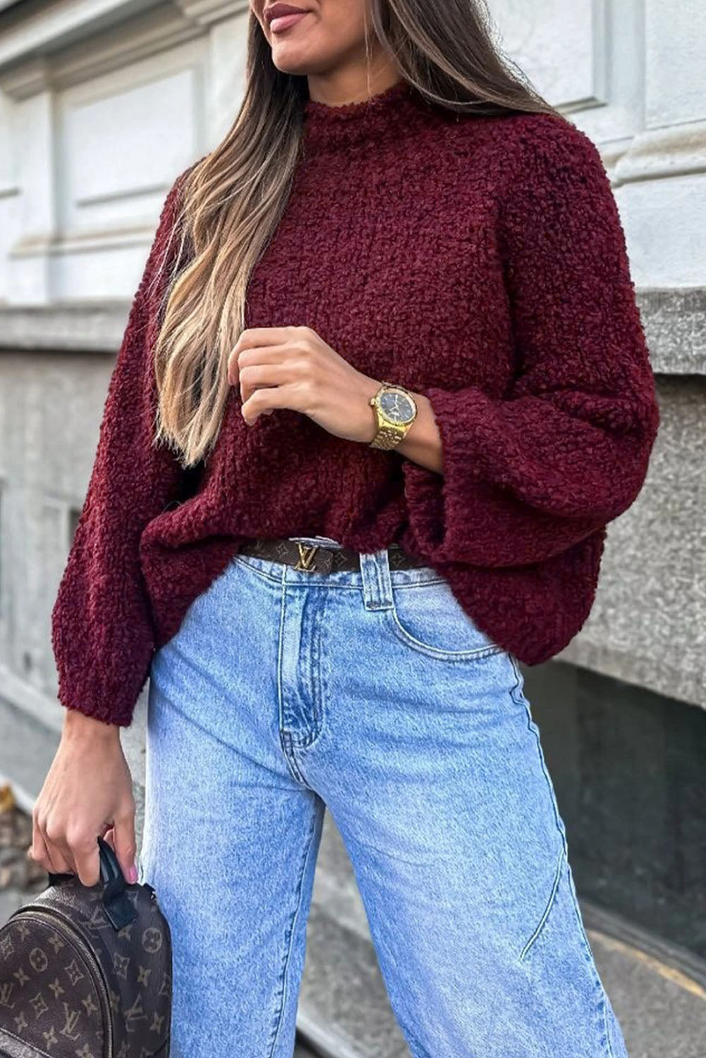 Burgundy Popcorn Mock Neck Solid Sweater