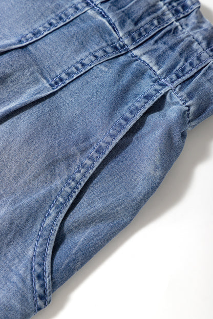 Dusk Blue Raw Hem Lace-up High Waist Plus Size Denim Shorts