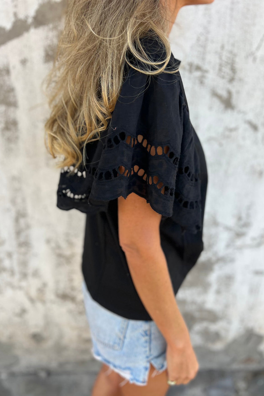 Black Hollow Out Embroidered Short Sleeve O Neck Top