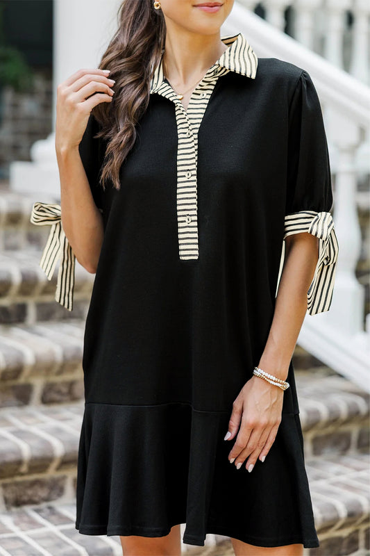 Black Stripe Detail Polo Collar Half Buttons Tied Short Sleeve Shift Mini Dress