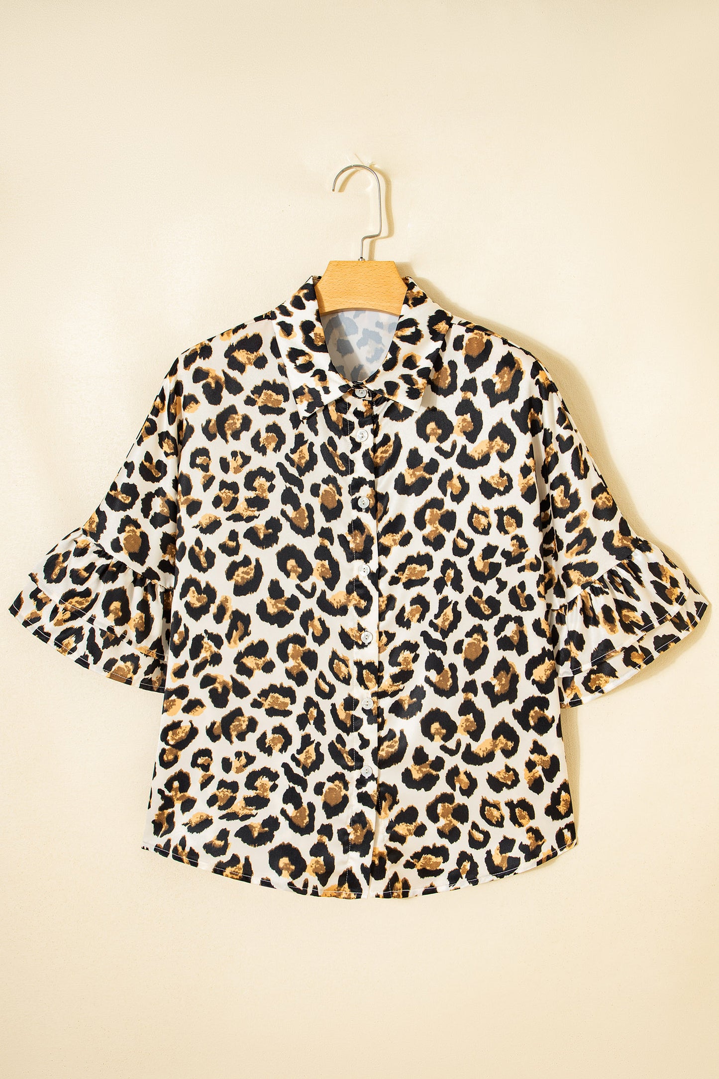Khaki Leopard Print Ruffle Trim 3/4 Sleeve Loose Shirt