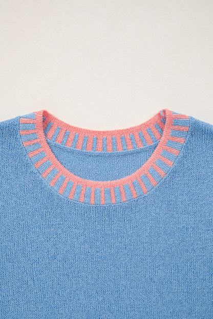 Sky Blue Contrast Trim Round Neck Sleeveless Sweater