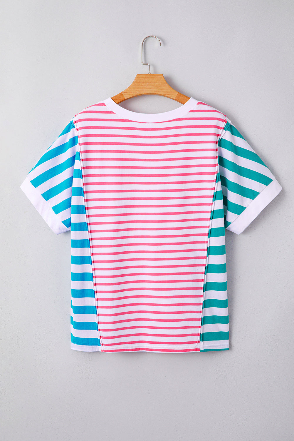 Pink Stripe Mixed Pattern Patchwork Uneven Hem Loose Tee