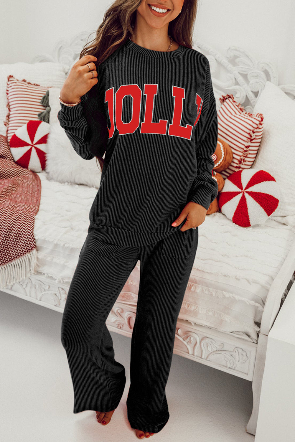Black JOLLY Corded Long Sleeve Top and Pockets Pants Set