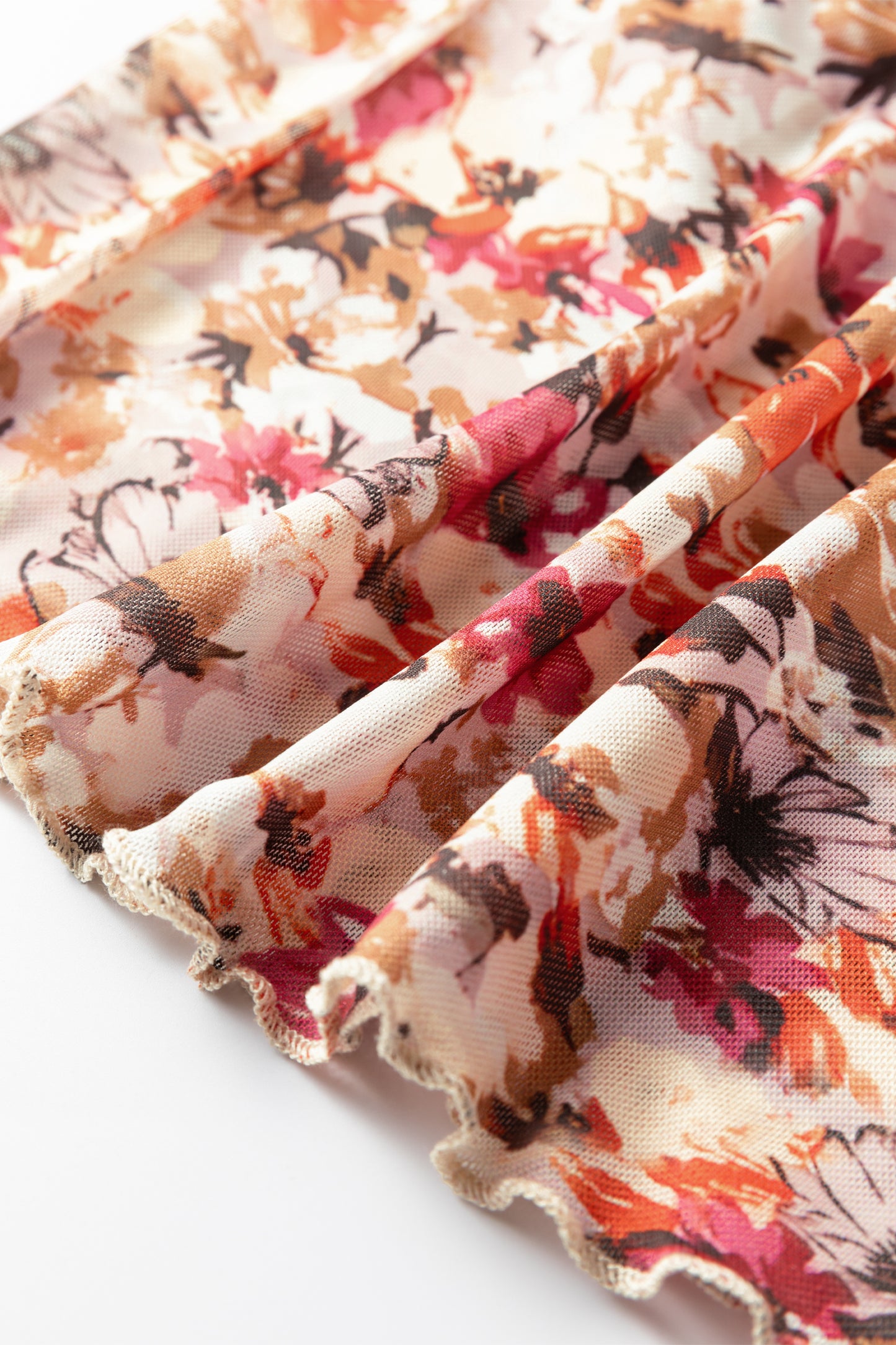 Red Lettuce Trim Floral Print Mesh Long Sleeve Top