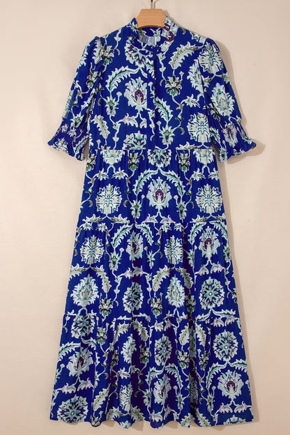Blue Wild Floral Print Frilled Collar Half Sleeve Long Dress