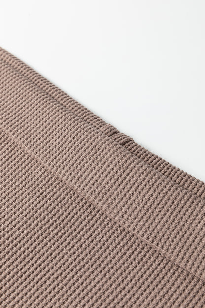 Old Rose Solid Color Waffle Knit Asymmetric Neck Long Sleeve Top