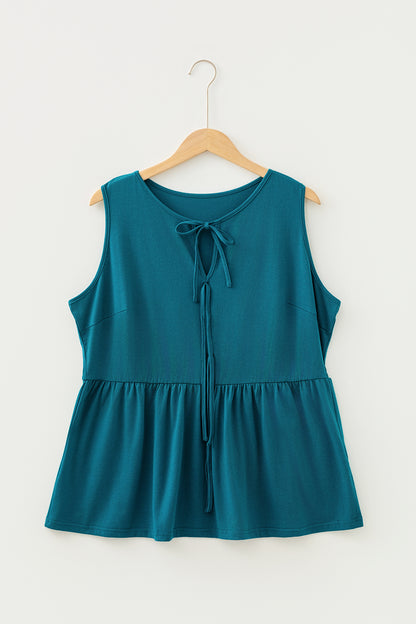Blue Sapphire Plus Size Solid Color Bow Tie Peplum Tank Top