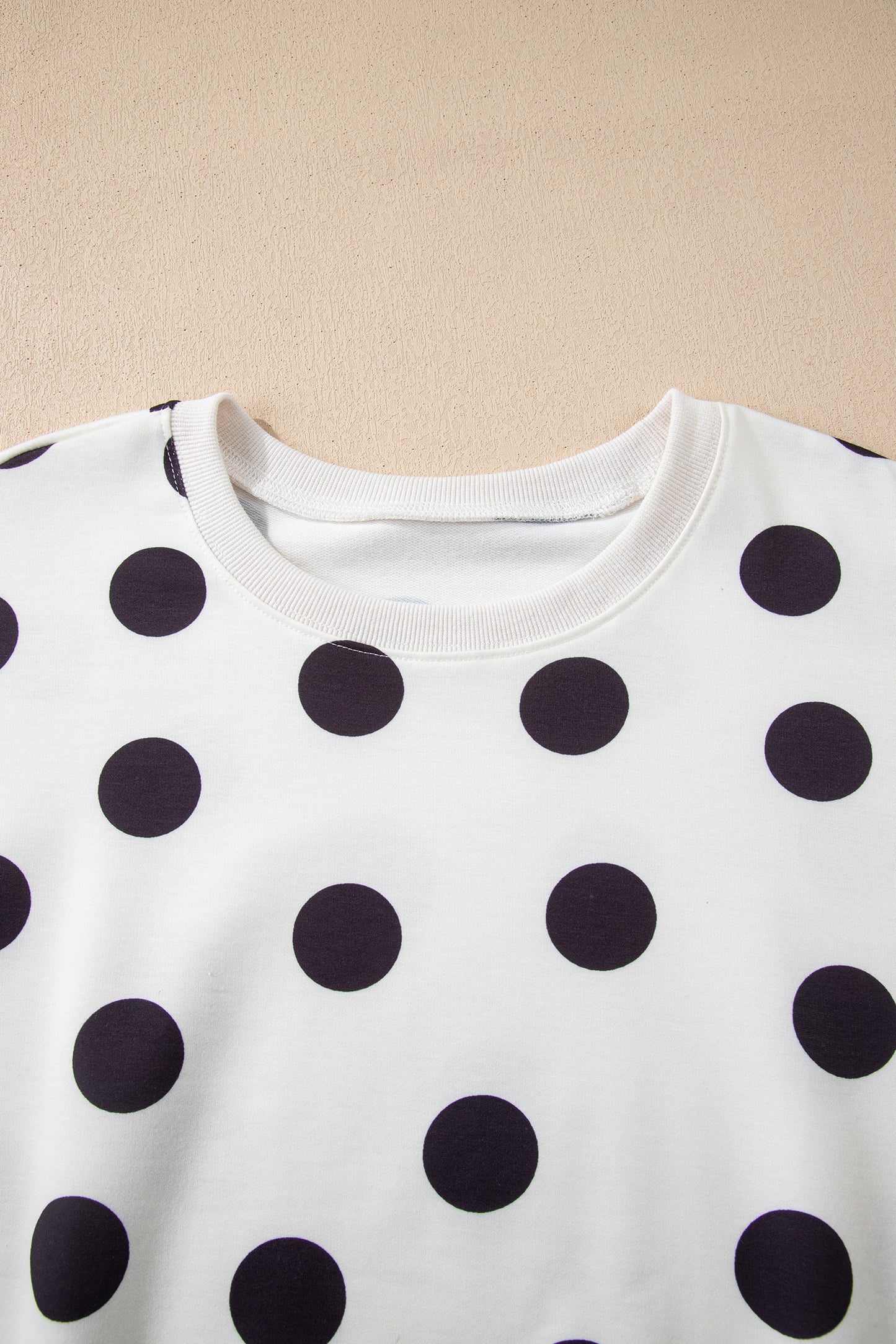 Beige Polka Dot Print Drop Shoulder Pullover Drawstring Shorts Set