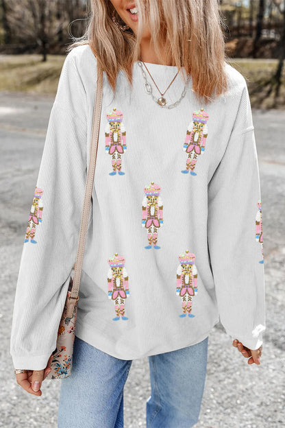 White Corded Rib Sequin Patched Nutcracker Graphic Drop Shoulder Sweatshirt