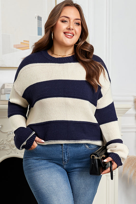 Blue Stripe Color Block PLus Size Drop Shoulder Sweater