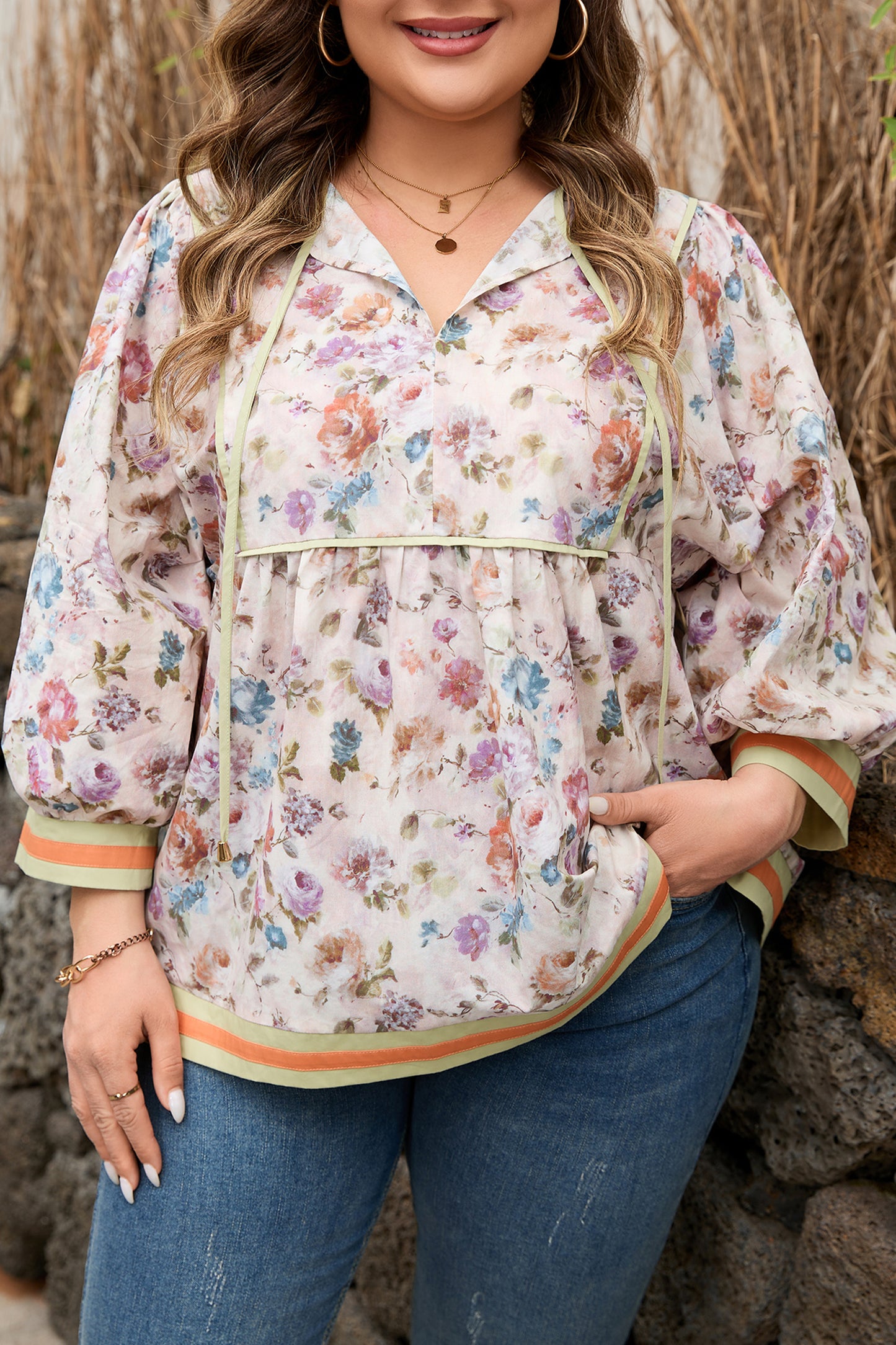 Black Plus Size Floral Print Contrast Trim Striped Detail Babydoll Blouse