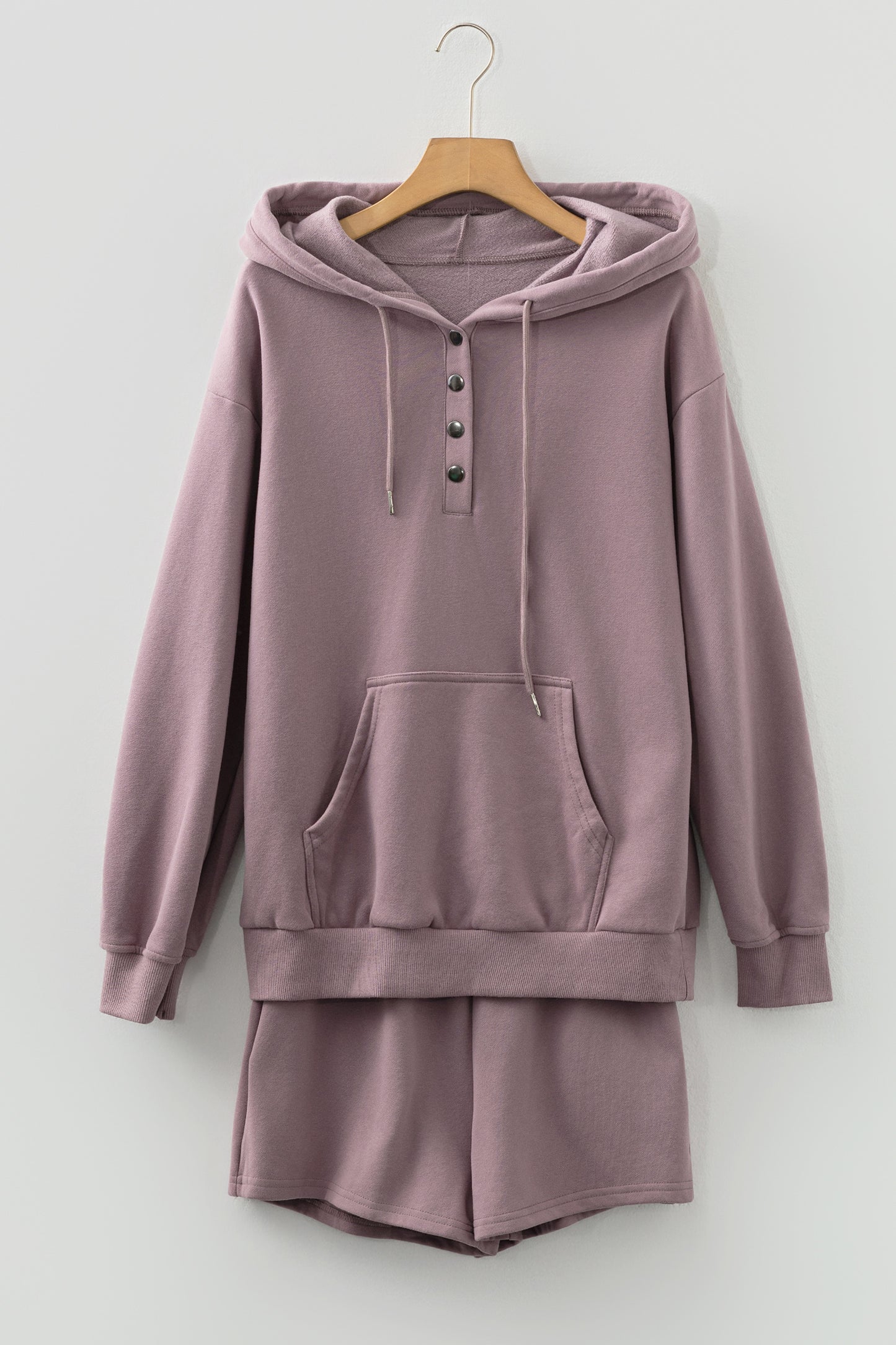Valerian Button Drawstring Hooded Pullover and Casual Short Set